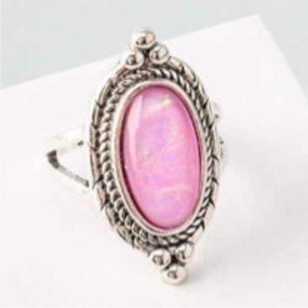 Silver Pink Opal Oval Cocktail Ring